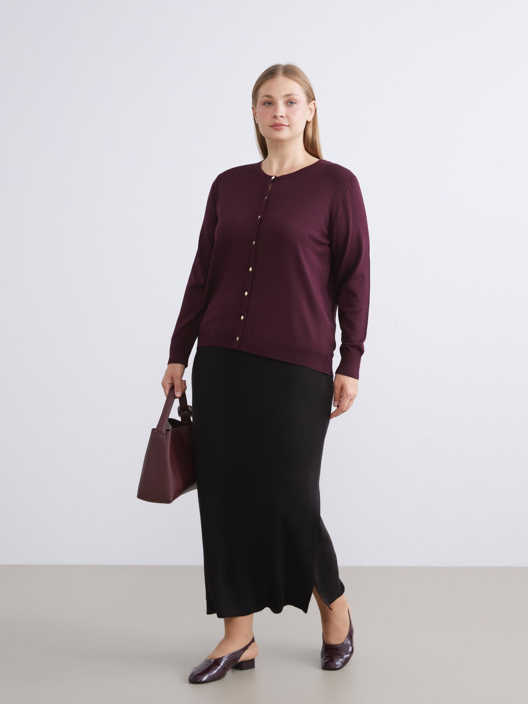 LCW Modest Black Elastic Waist Slit Knit Skirt