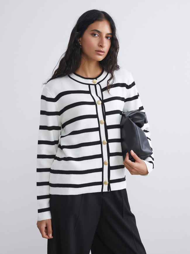 LCW Modest Black Crew Neck Striped Women Knitwear Cardigan Hover Image