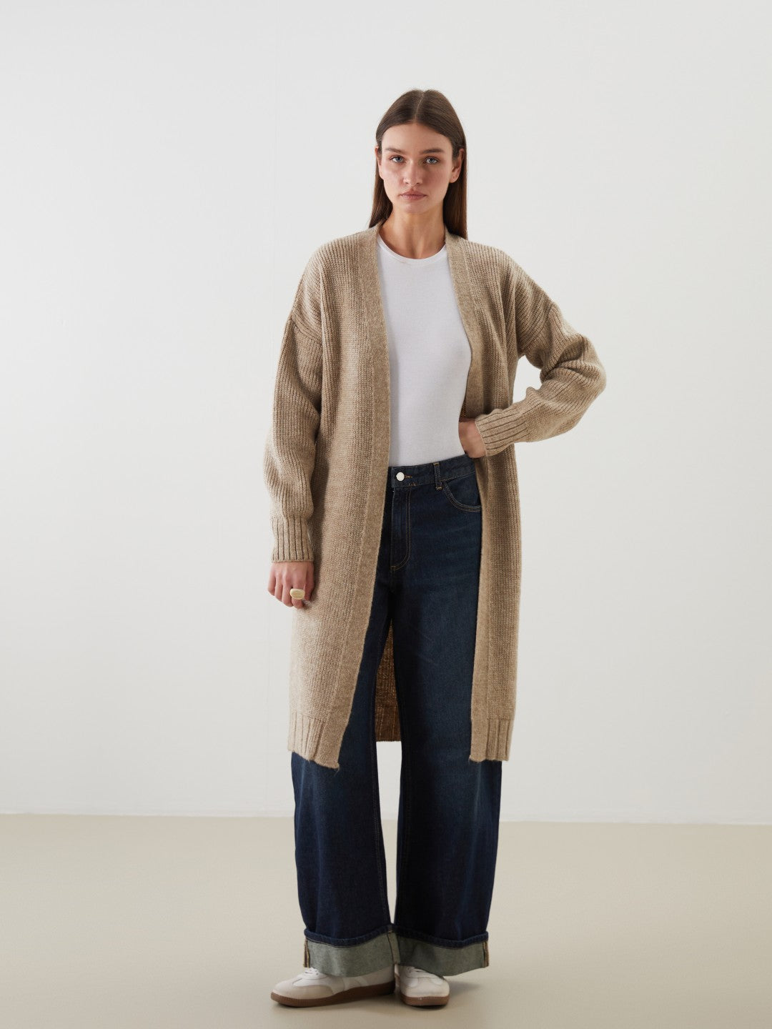 LCW Modest Navy Blue Shawl Collar Oversize Women Knitwear Cardigan