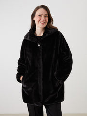LCW Grace Black Hooded Women Thick Fur Coat