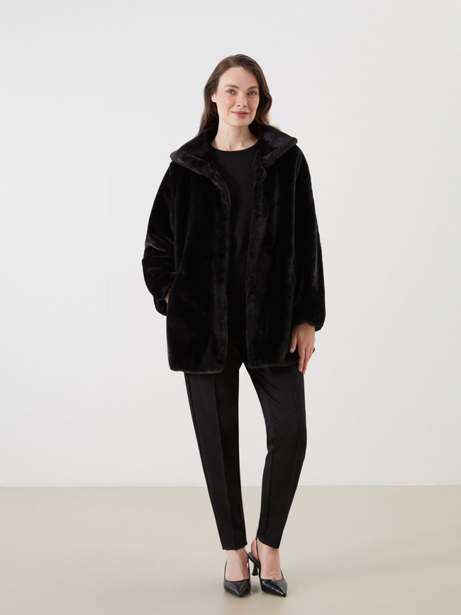 LCW Grace Black Hooded Women Thick Fur Coat Main Image