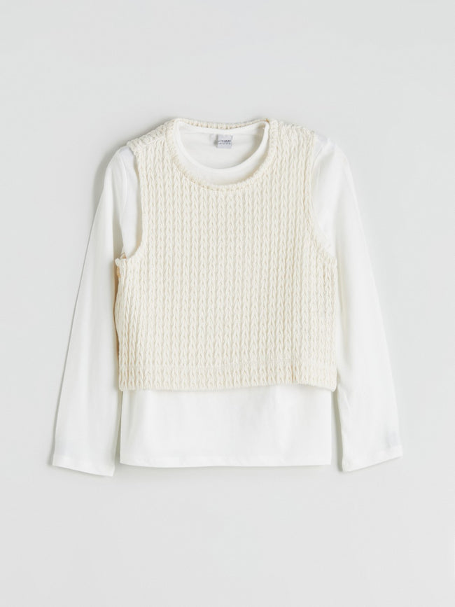 LCW Kids Beige Crew Neck Girls T-Shirt And Sweater 2-Pack Hover Image