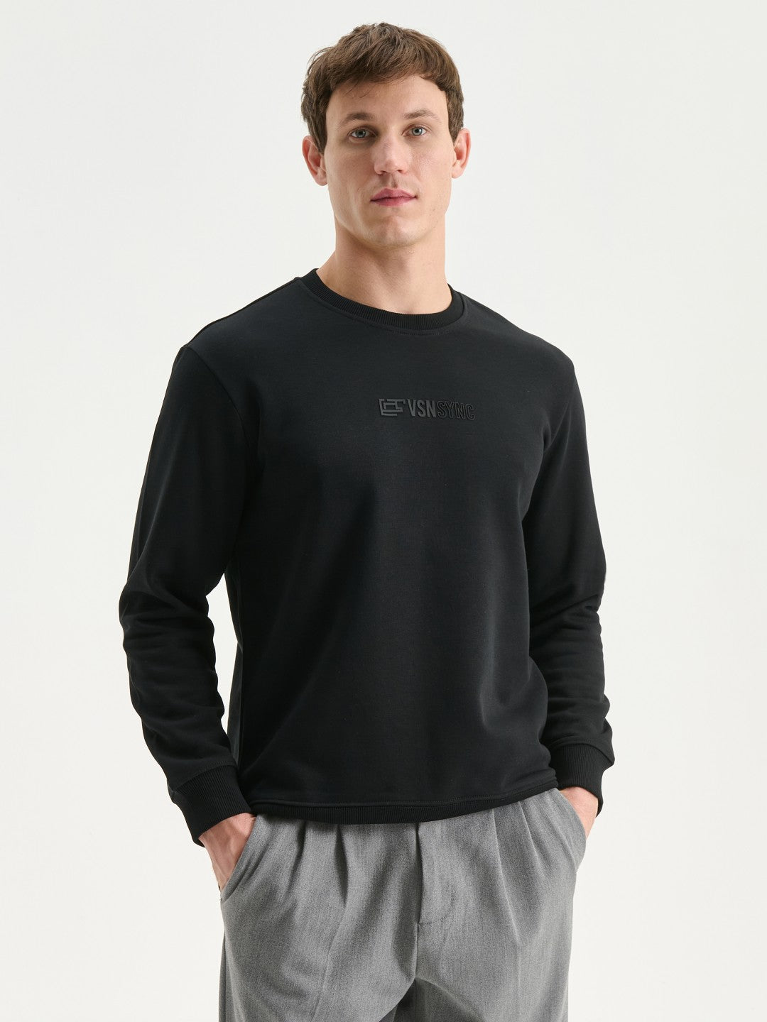 LCW Vision Black Crew Neck Printed Men Sweatshirt