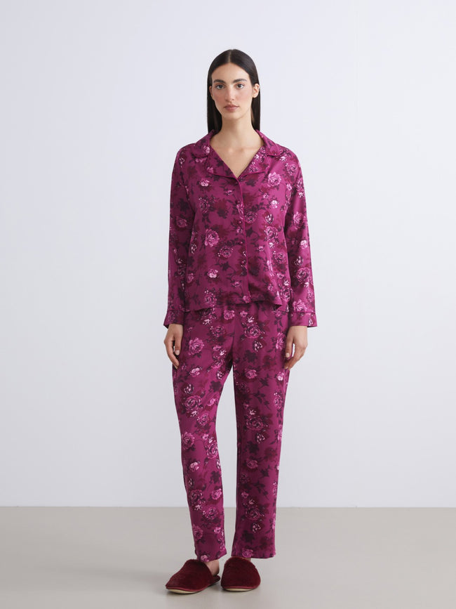 LCW Dream Red Petite Shirt Collar Floral Women Pajama Set Hover Image