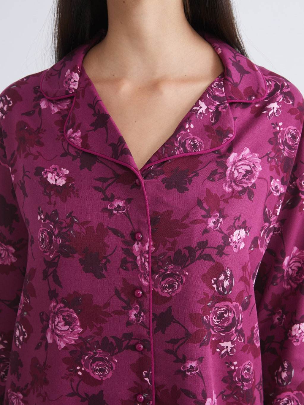 LCW Dream Red Petite Shirt Collar Floral Women Pajama Set