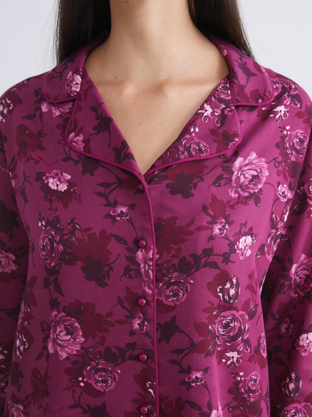 LCW Dream Red Petite Shirt Collar Floral Women Pajama Set