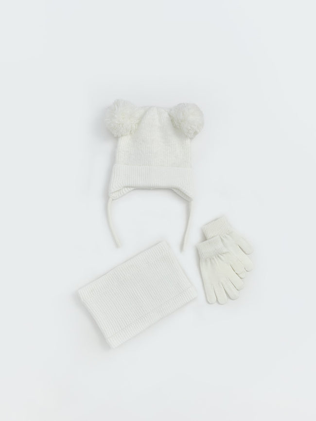 LCW Accessories Ecru Baby Girl Pompom Beanie, Scarf And Glove Set Hover Image