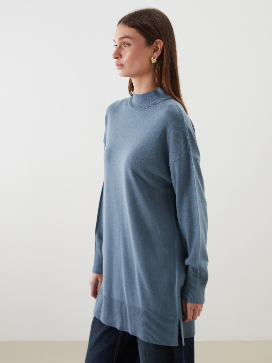 LCW Modest Blue Stand-Up Collar Women Knitwear Tunic