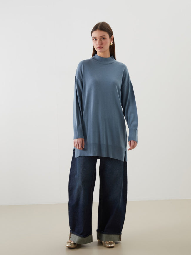 LCW Modest Blue Stand-Up Collar Women Knitwear Tunic Main Image