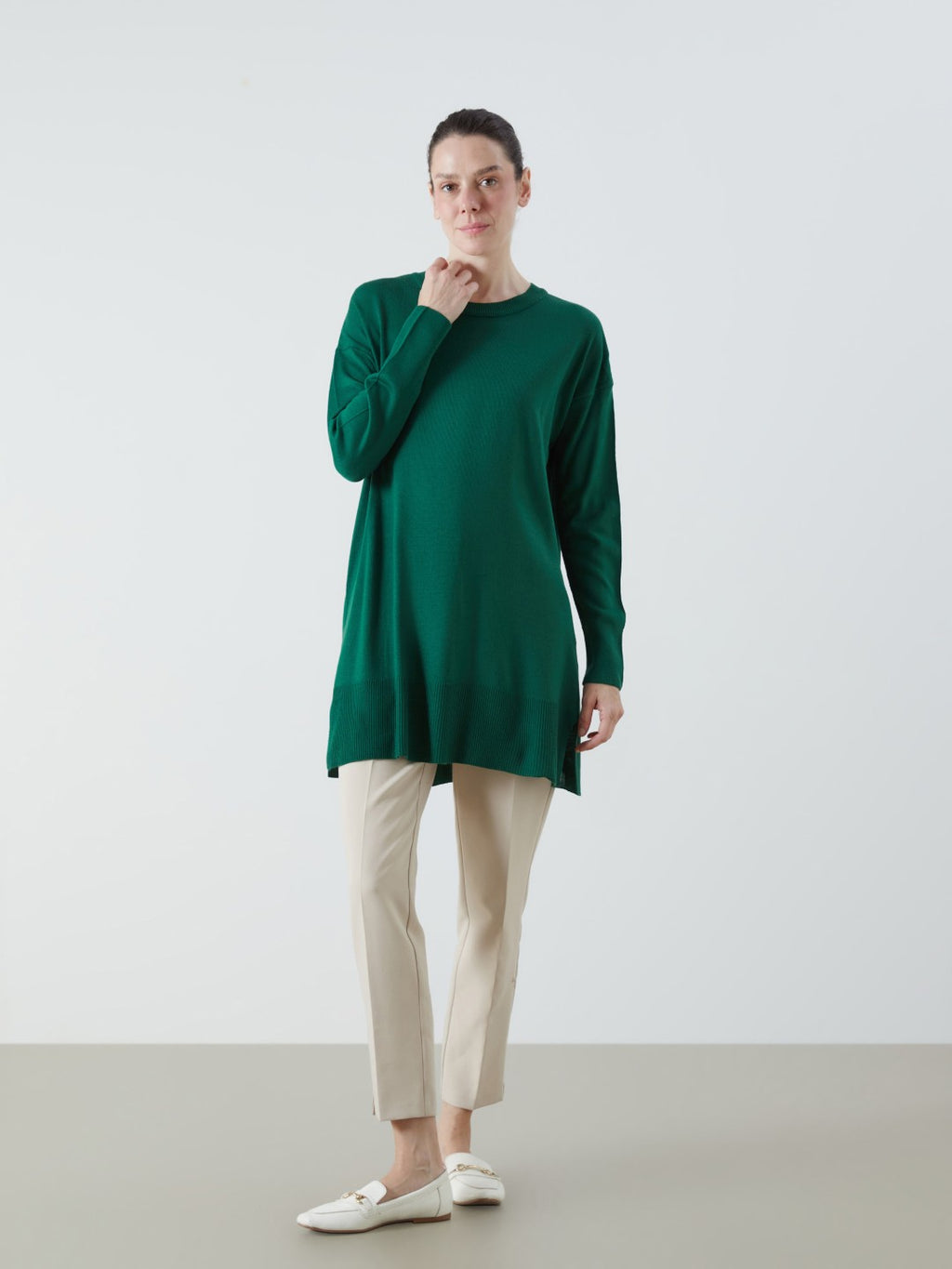 LCW Classic Green Crew Neck Women Knitwear Tunic