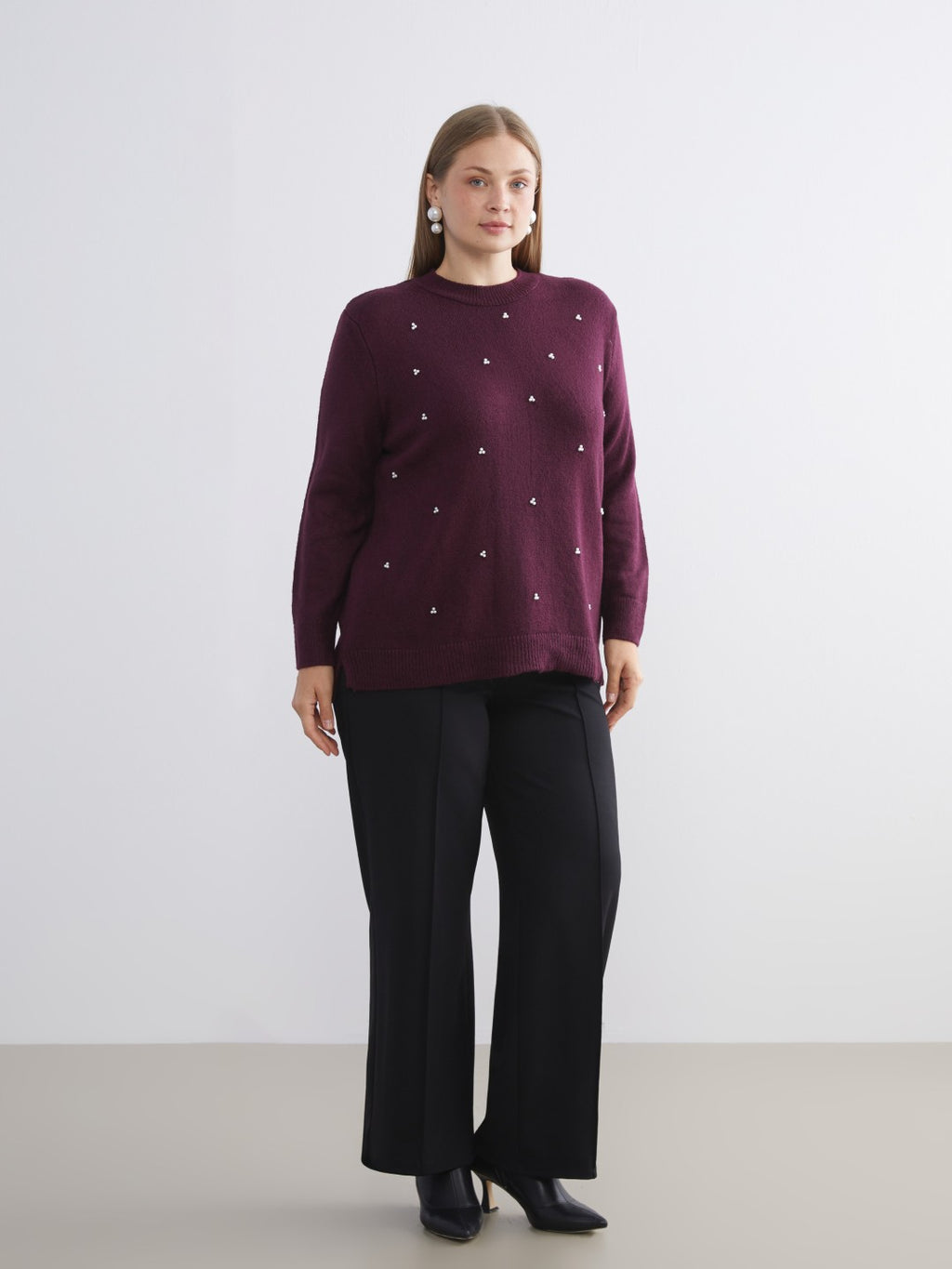 LCW Classic Purple Crew Neck Beaded Women Knitwear Sweater