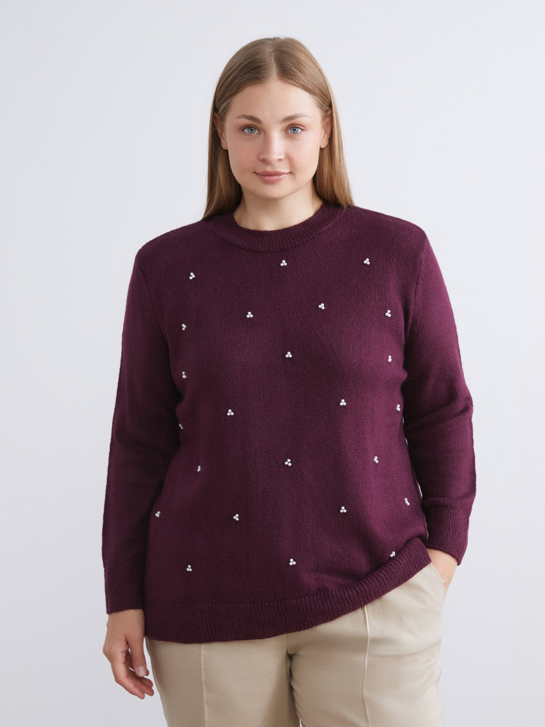 LCW Classic Purple Crew Neck Beaded Women Knitwear Sweater