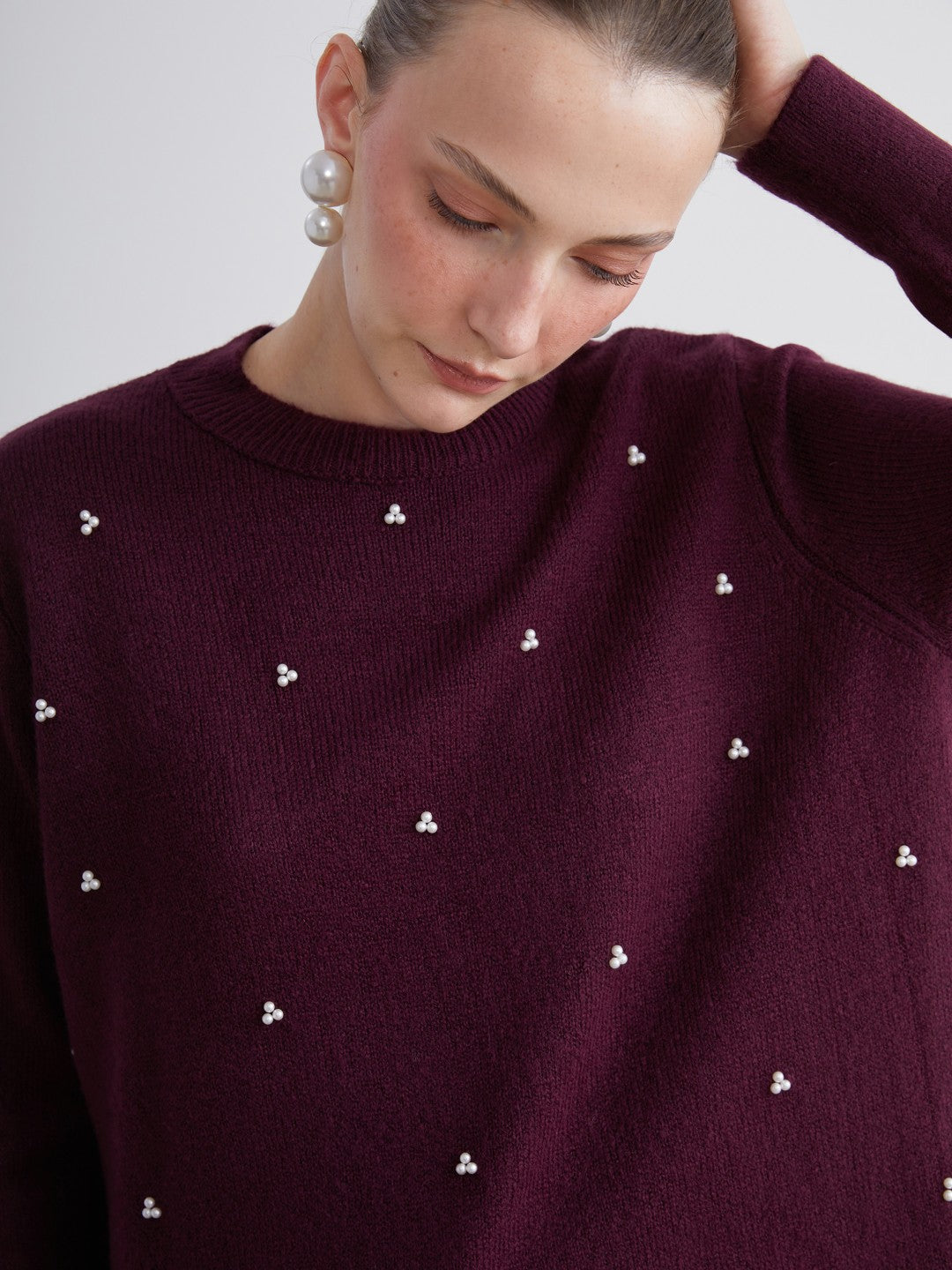 LCW Classic Purple Crew Neck Beaded Women Knitwear Sweater