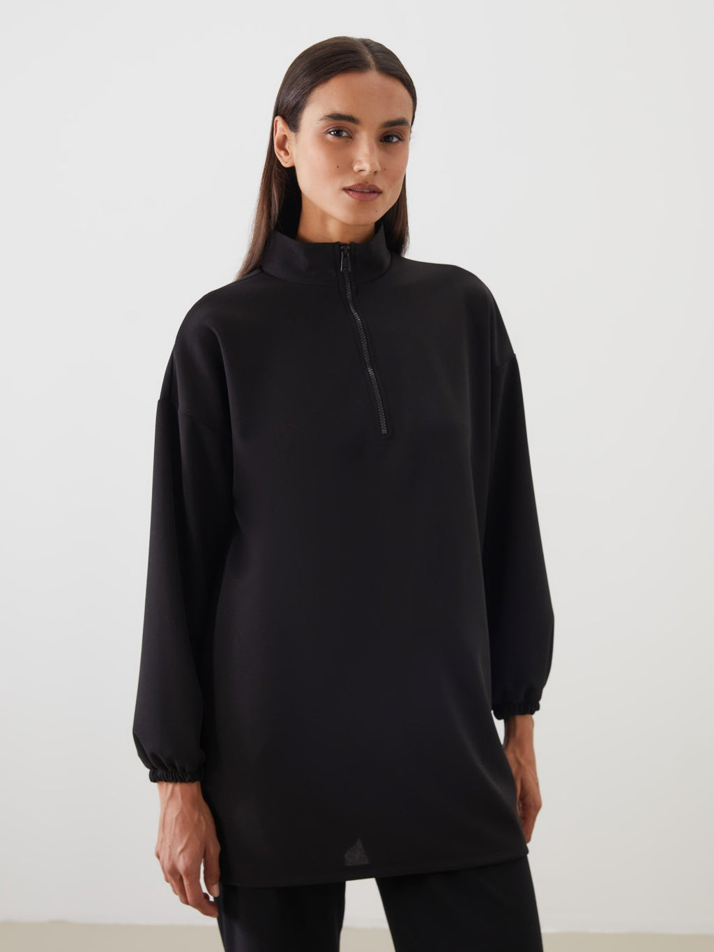 LCW Modest Black Stand Collar Oversize Women Sweatshirt Tunic