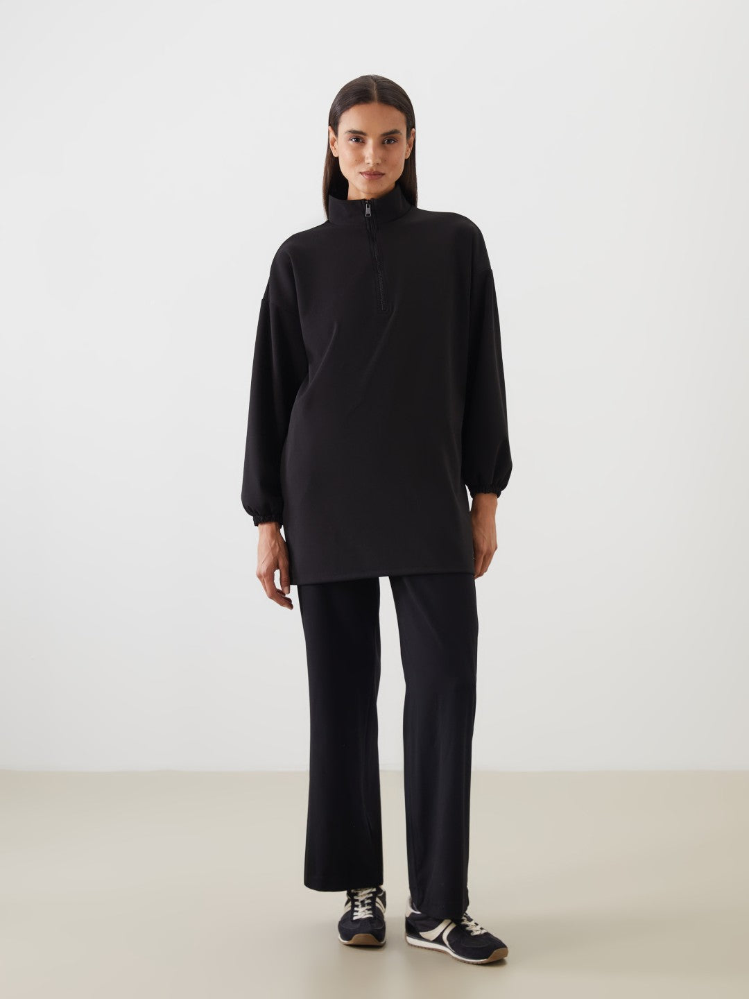 LCW Modest Black Stand Collar Oversize Women Sweatshirt Tunic