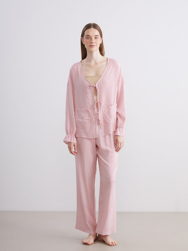LCW Young Pink V-Neck Striped Women Pajama Set Hover Image