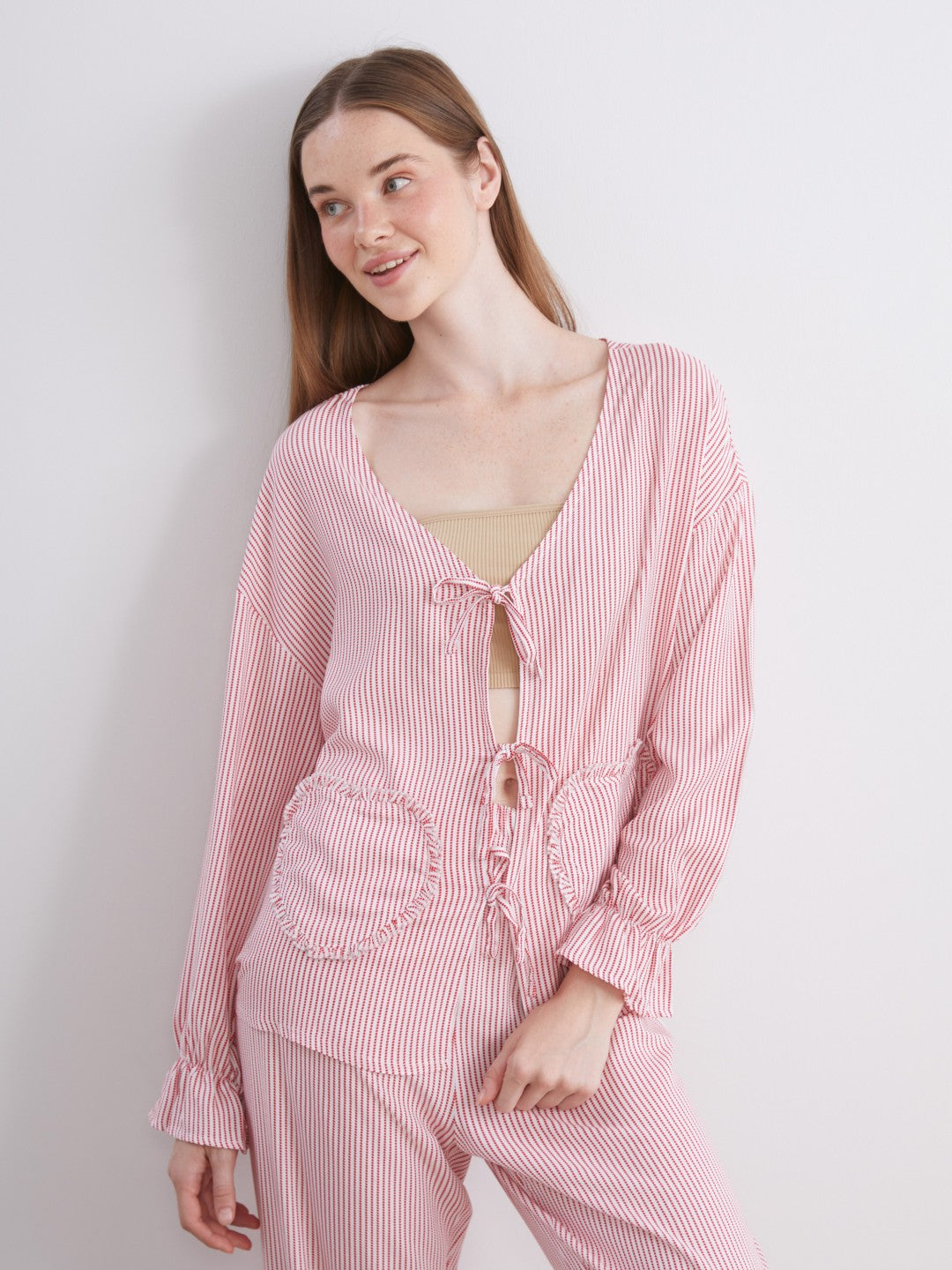LCW Young Pink V-Neck Striped Women Pajama Set
