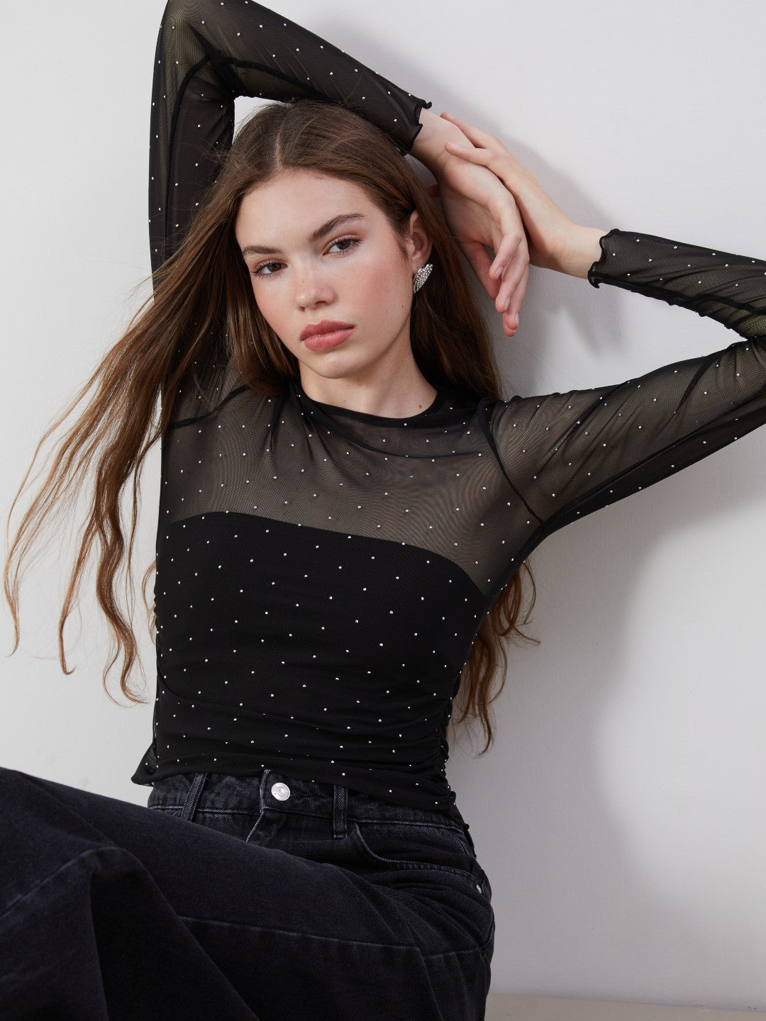 Xside Crew Neck Rhinestone Embellished Transparent Blouse