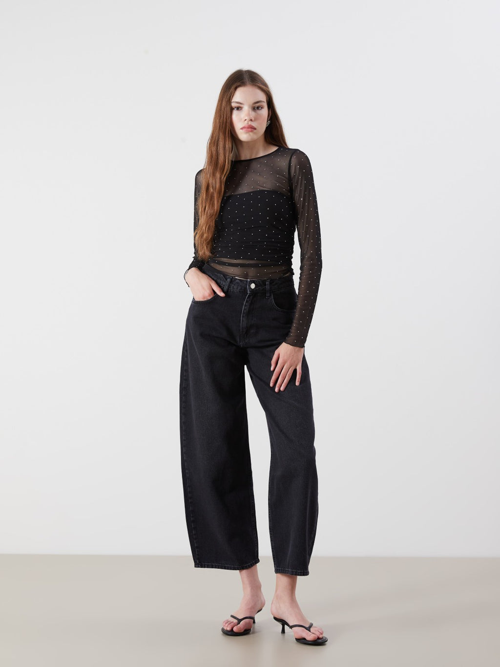 Xside Crew Neck Rhinestone Embellished Transparent Blouse