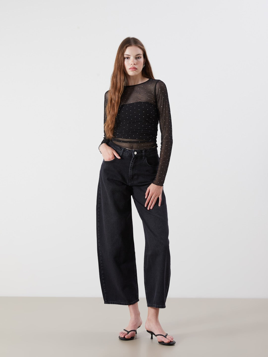 Xside Crew Neck Rhinestone Embellished Transparent Blouse