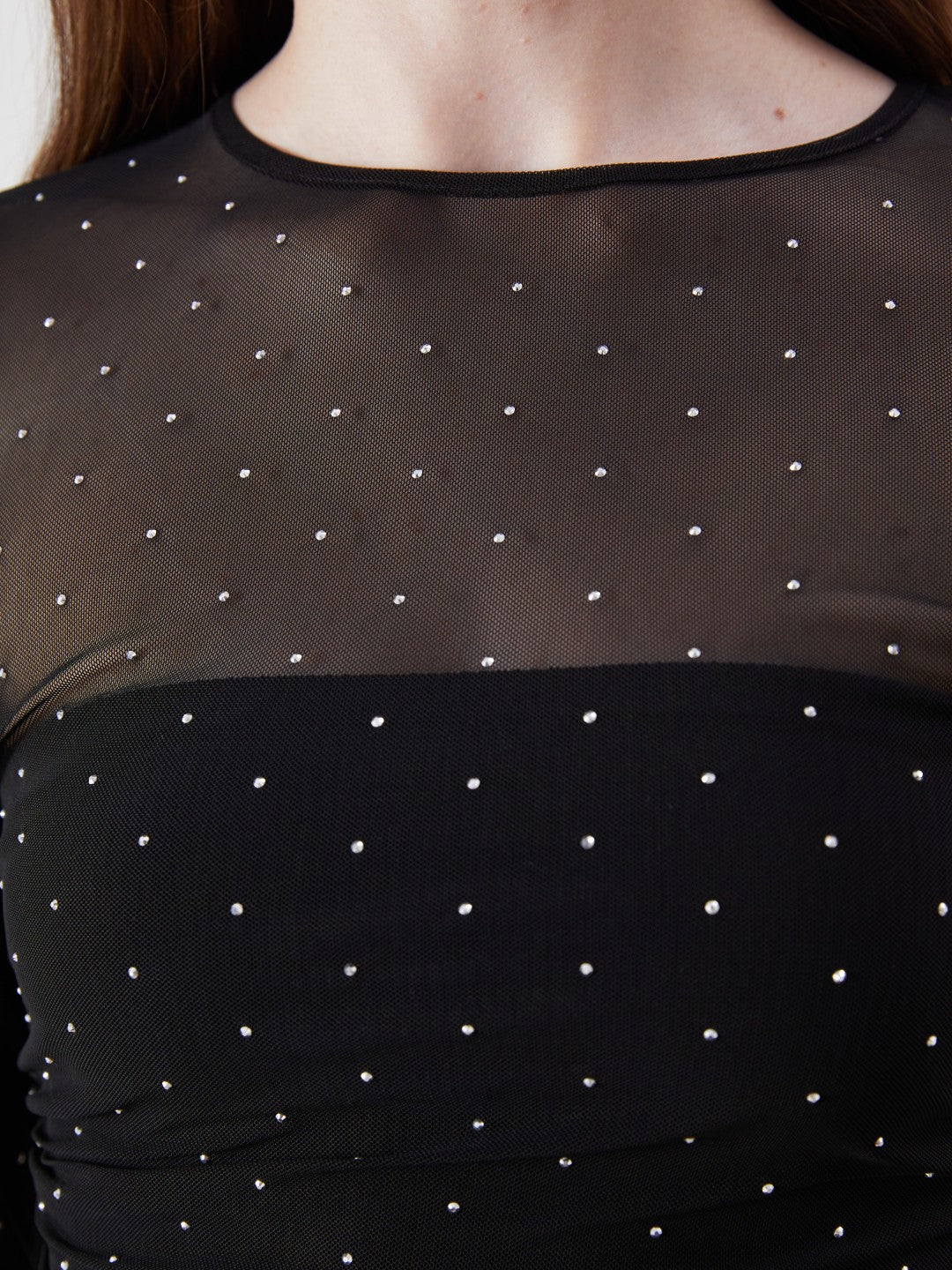 Xside Crew Neck Rhinestone Embellished Transparent Blouse