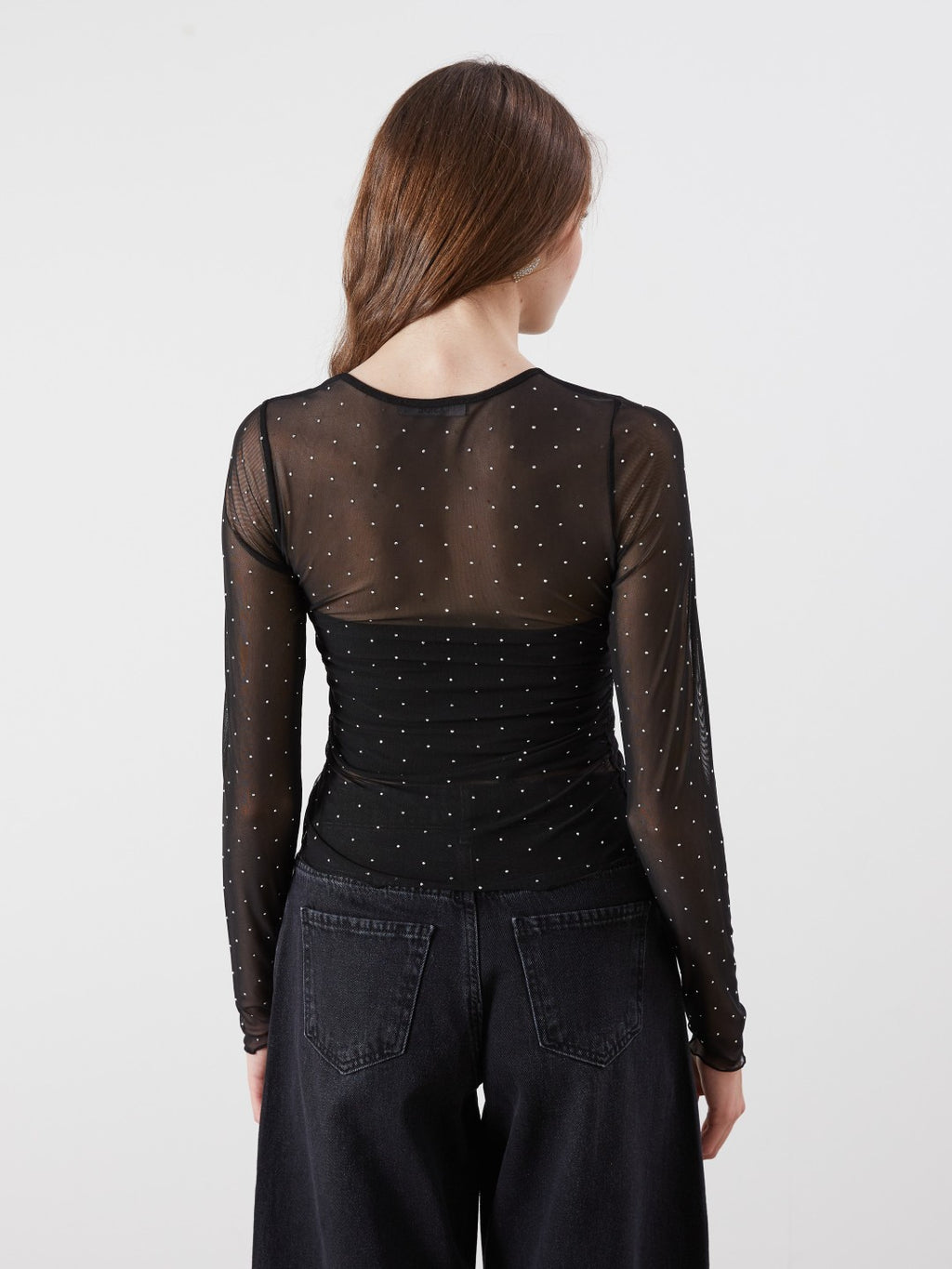 Xside Crew Neck Rhinestone Embellished Transparent Blouse