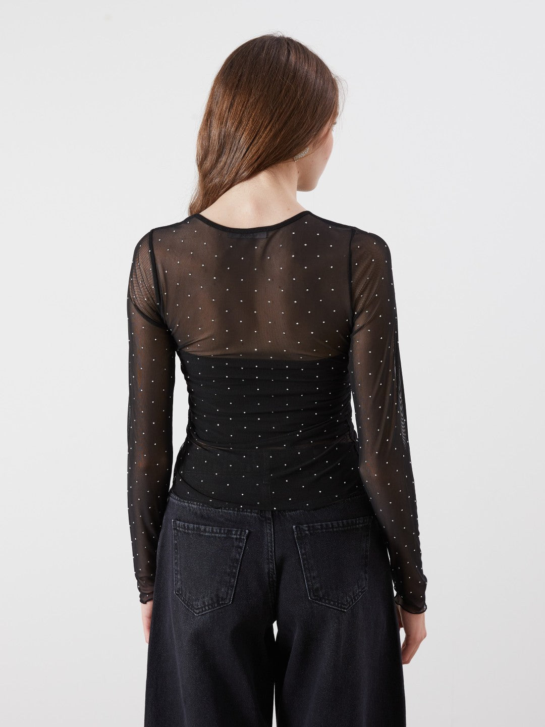 Xside Crew Neck Rhinestone Embellished Transparent Blouse