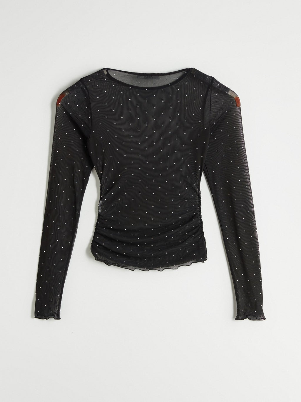 Xside Crew Neck Rhinestone Embellished Transparent Blouse