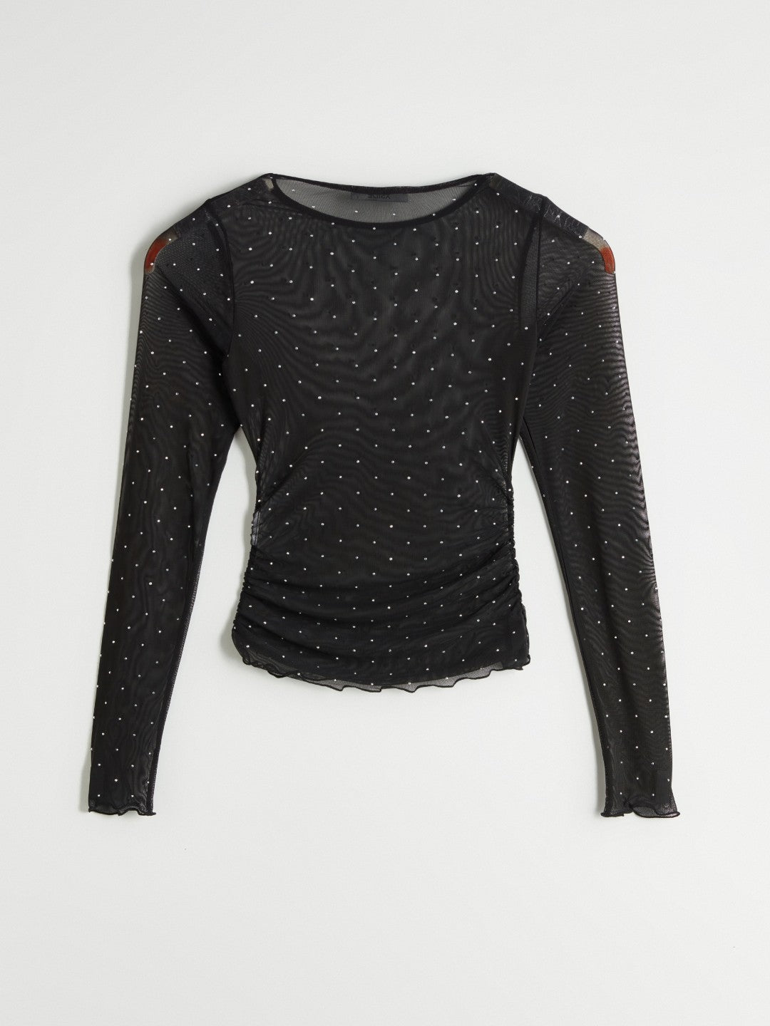 Xside Crew Neck Rhinestone Embellished Transparent Blouse