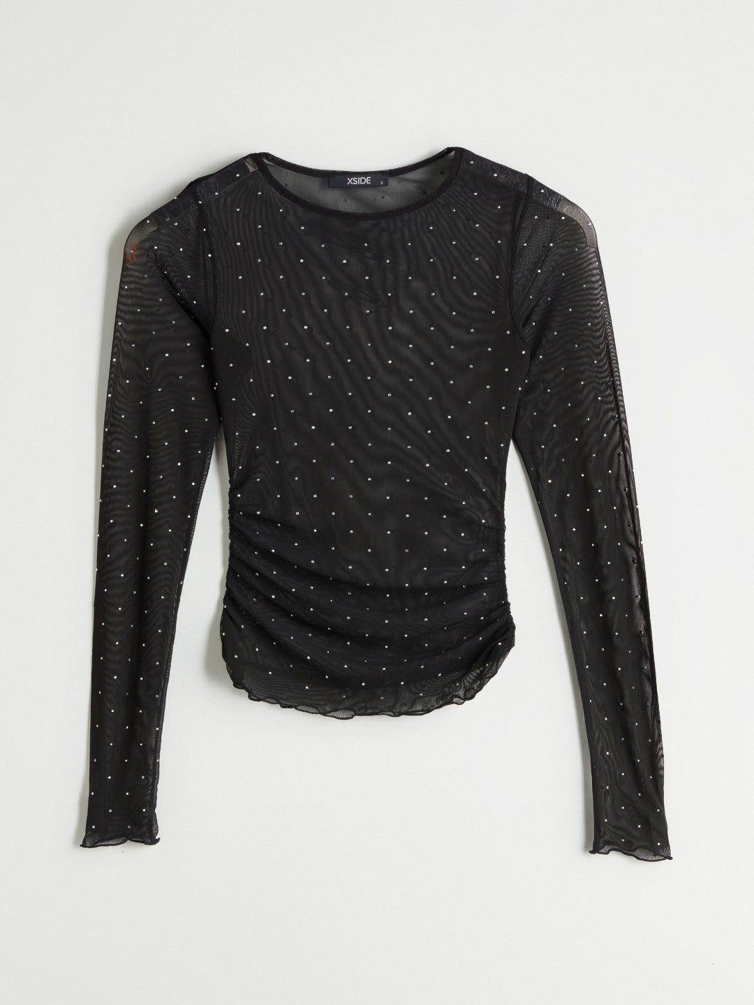 Xside Crew Neck Rhinestone Embellished Transparent Blouse