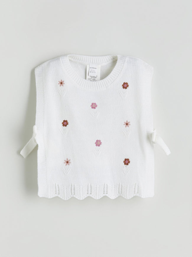 LCW Kids Ecru Crew Neck Floral Girls Knit Sweater Hover Image