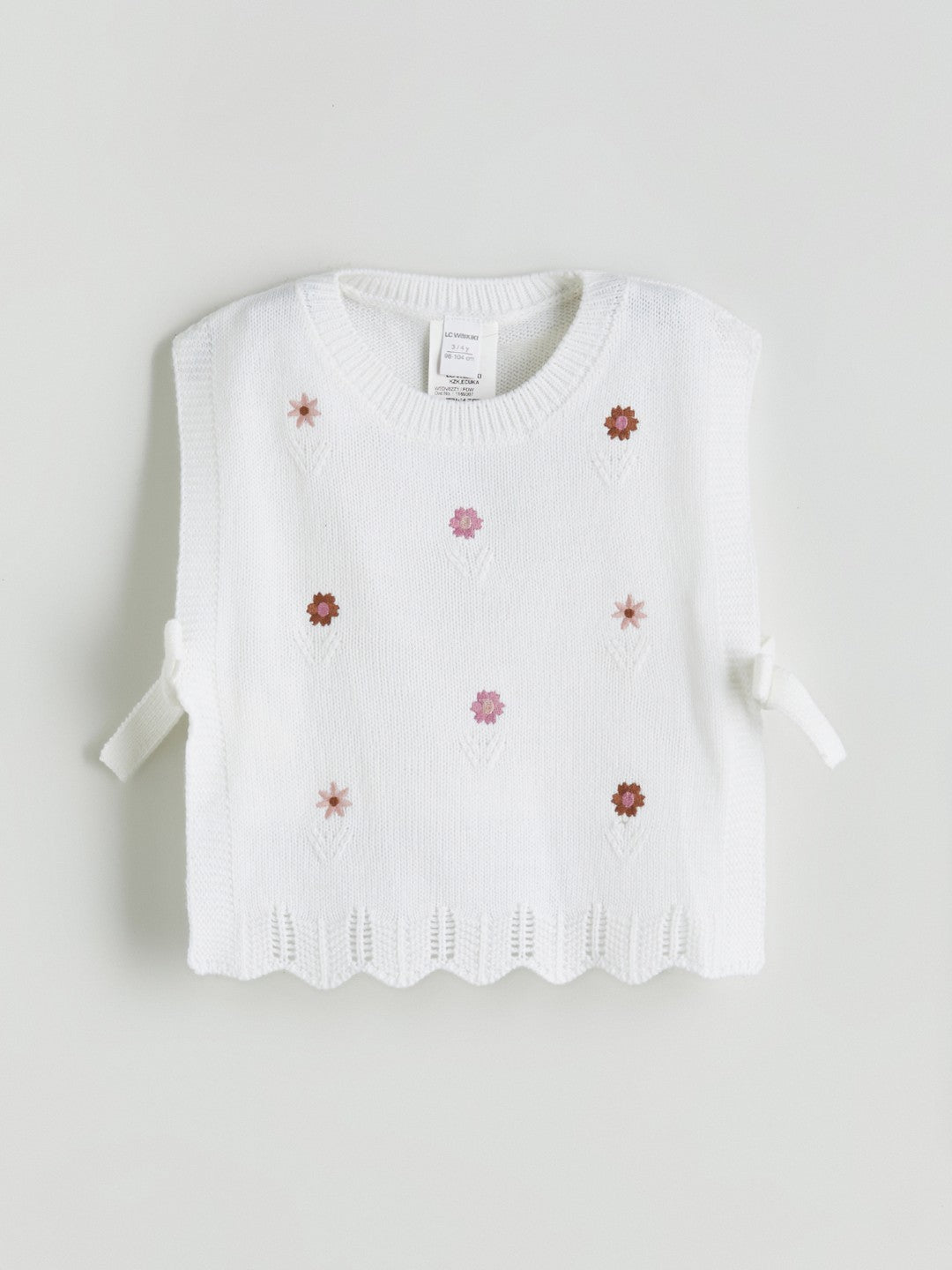 LCW Kids Ecru Crew Neck Floral Girls Knit Sweater
