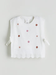 LCW Kids Ecru Crew Neck Floral Girls Knit Sweater