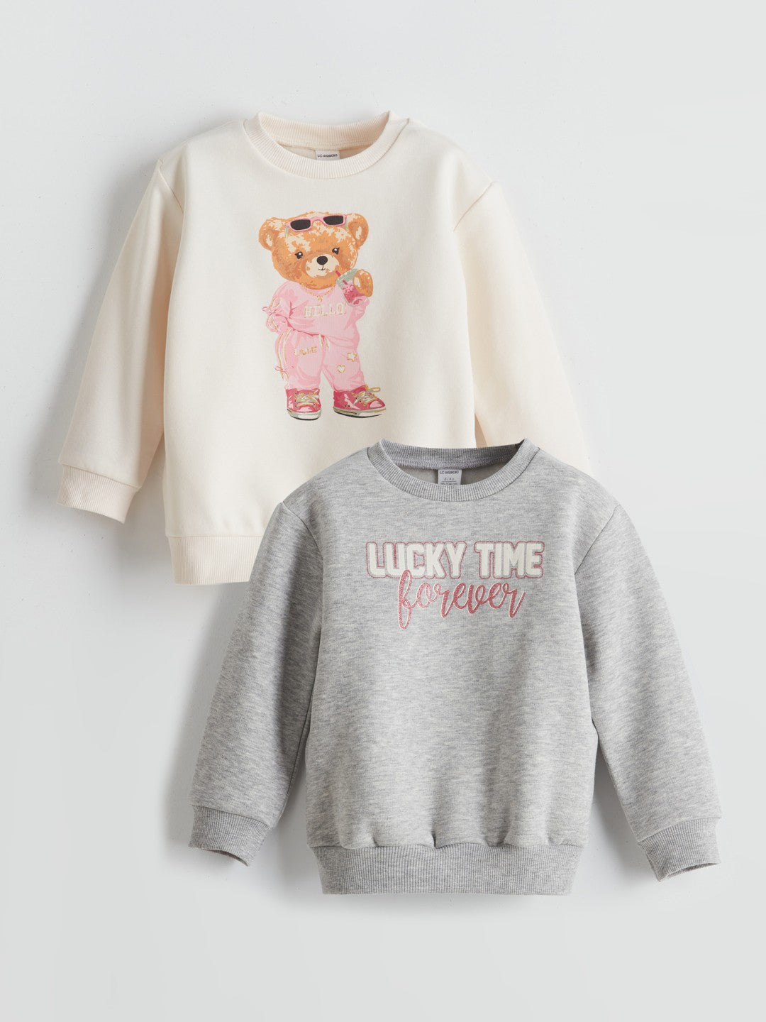 LCW Kids Ecru Teddy Bear Printed Girls Thick Sweatshirt 2-Pack