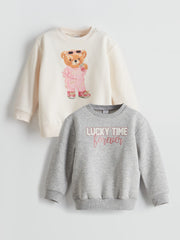 LCW Kids Ecru Teddy Bear Printed Girls Thick Sweatshirt 2-Pack
