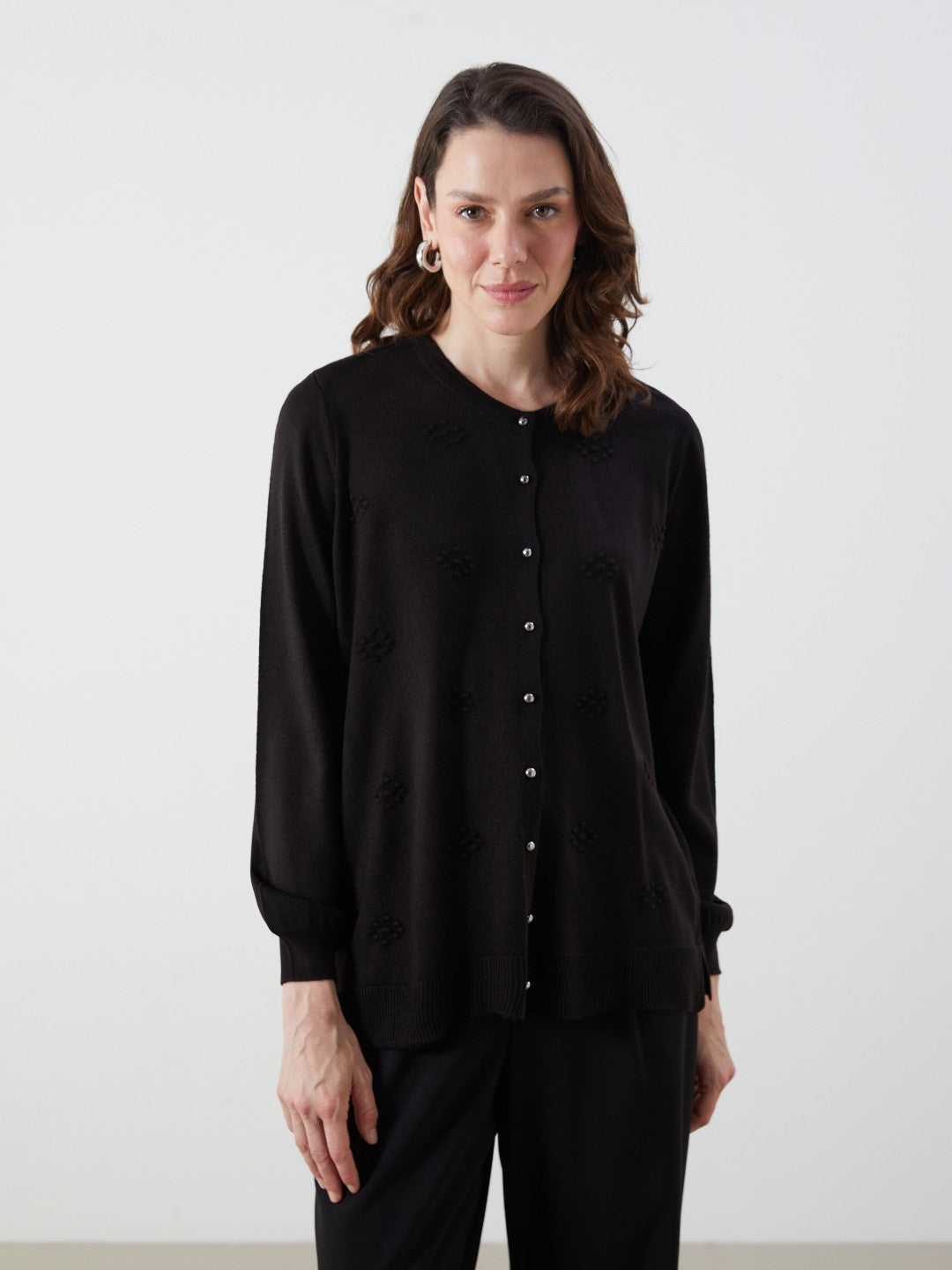 LCW Grace Black Crew Neck Self-Patterned Women Knitwear Cardigan