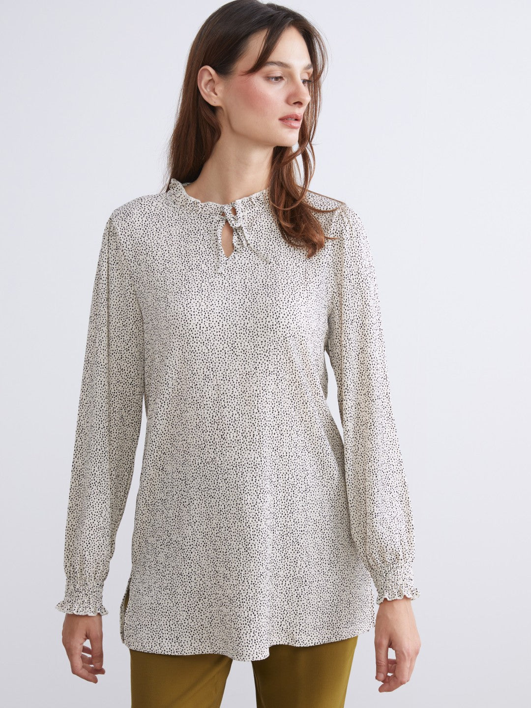 LCW Basic Beige Tie Collar Polka Dot Women Tunic