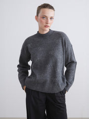 LCW Comfort Anthracite Crew Neck Embroidered Women Knitwear Sweater