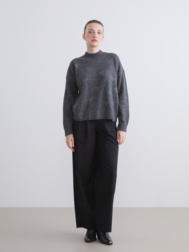 LCW Comfort Anthracite Crew Neck Embroidered Women Knitwear Sweater Main Image