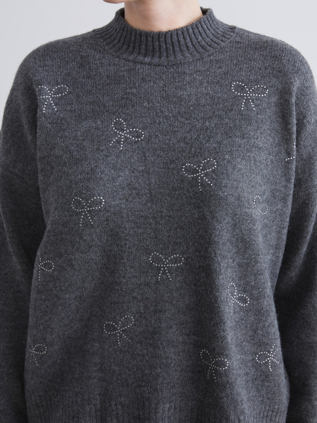 LCW Comfort Anthracite Crew Neck Embroidered Women Knitwear Sweater