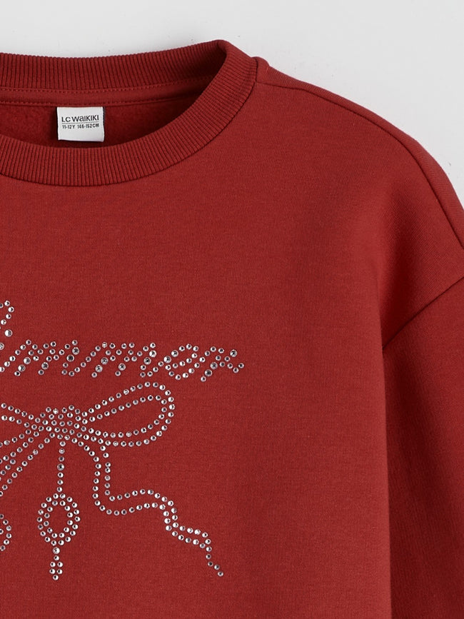 LCW Kids Crew Neck Rhinestone Embellished Girls Thick Sweatshirt Main Image