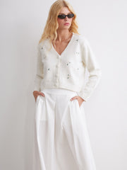 Xside Ecru V-Neck Floral Embroidered Women Knitwear Cardigan