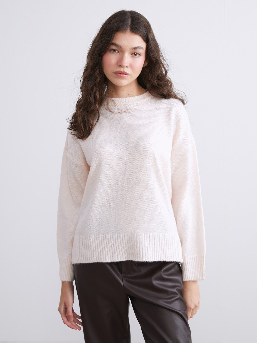 Xside Pink Crew Neck Oversize Women Knitwear Sweater