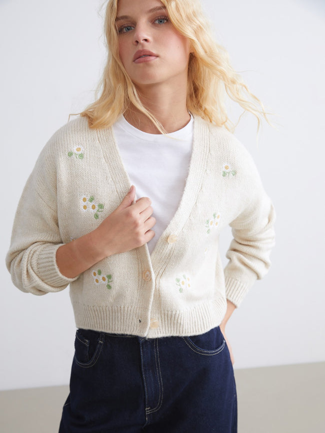 Xside Beige V-Neck Floral Embroidered Women Knitwear Cardigan Hover Image