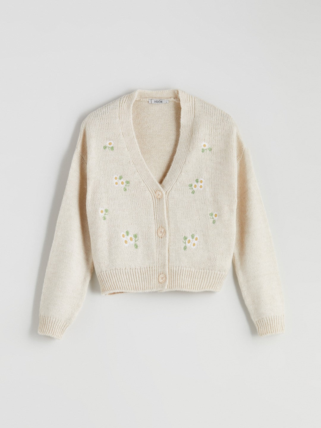 Xside Beige V-Neck Floral Embroidered Women Knitwear Cardigan