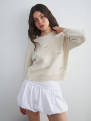 Xside Beige Crew Neck Floral Embroidered Women Knitwear Sweater