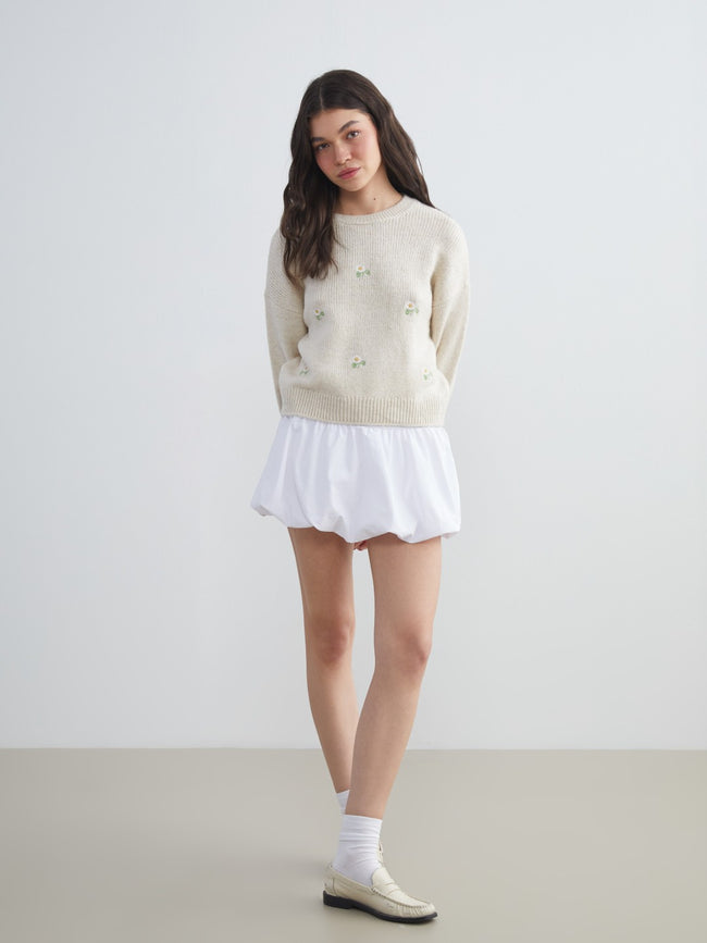Xside Beige Crew Neck Floral Embroidered Women Knitwear Sweater Main Image