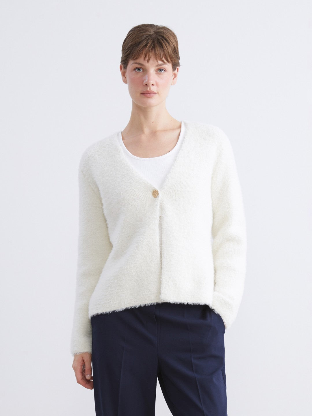 LCW Classic Ecru V-Neck Women Plush Knitwear Cardigan