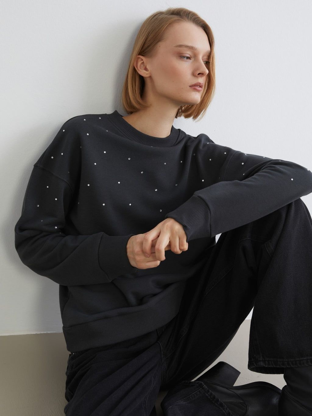 LCW Vision Crew Neck Rhinestone Embellished Oversize Women Sweatshirt