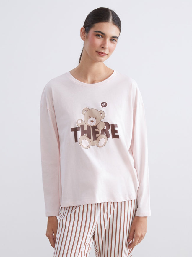 LCW Young Pink Crew Neck Bear Printed Women Pajama Set Main Image